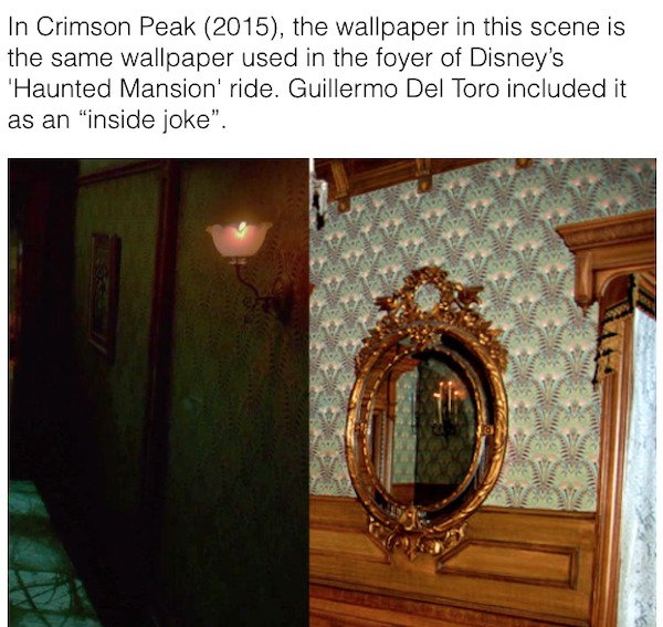 cool movie facts - In Crimson Peak 2015, the wallpaper in this scene is the same wallpaper used in the foyer of Disney's 'Haunted Mansion' ride. Guillermo Del Toro included it as an inside joke
