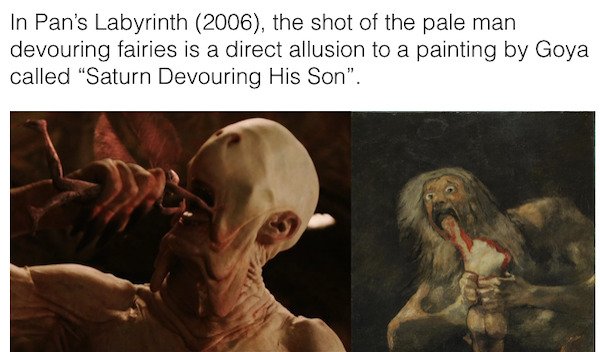 cool movie facts - In Pan's Labyrinth 2006, the shot of the pale man devouring fairies is a direct allusion to a painting by Goya called saturn devouring his son