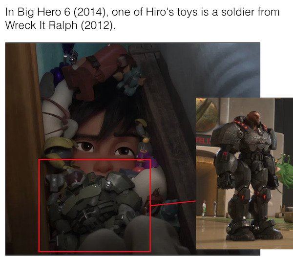 cool movie facts - In Big Hero 6 2014, one of Hiro's toys is a soldier from Wreck It Ralph 2012.