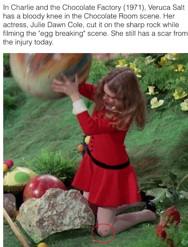 cool movie facts - In Charlie and the Chocolate Factory 1971, Veruca Salt has a bloody knee in the Chocolate Room scene. Her actress, Julie Dawn Cole, cut it on the sharp rock while filming the