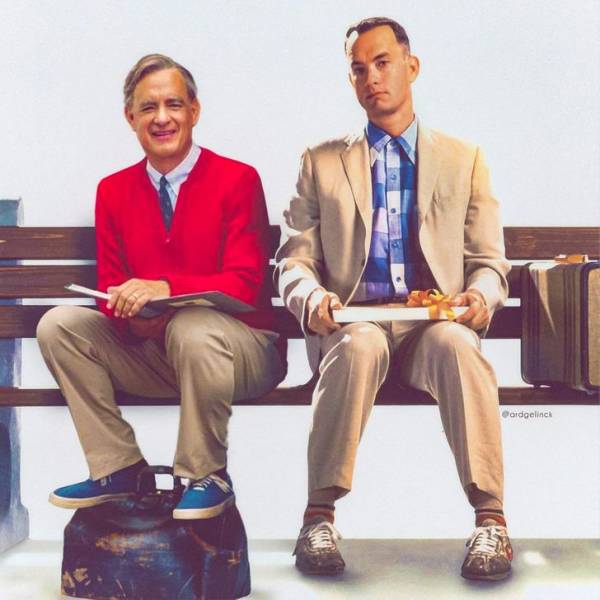 Tom Hanks as Fred Rogers sitting next to Forrest Gump