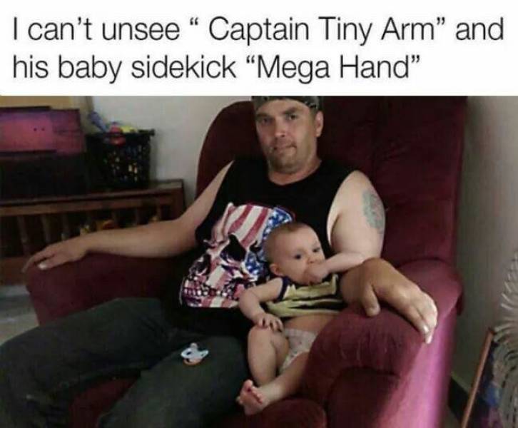 captain tiny arm - I can't unsee Captain Tiny Arm" and his baby sidekick Mega Hand