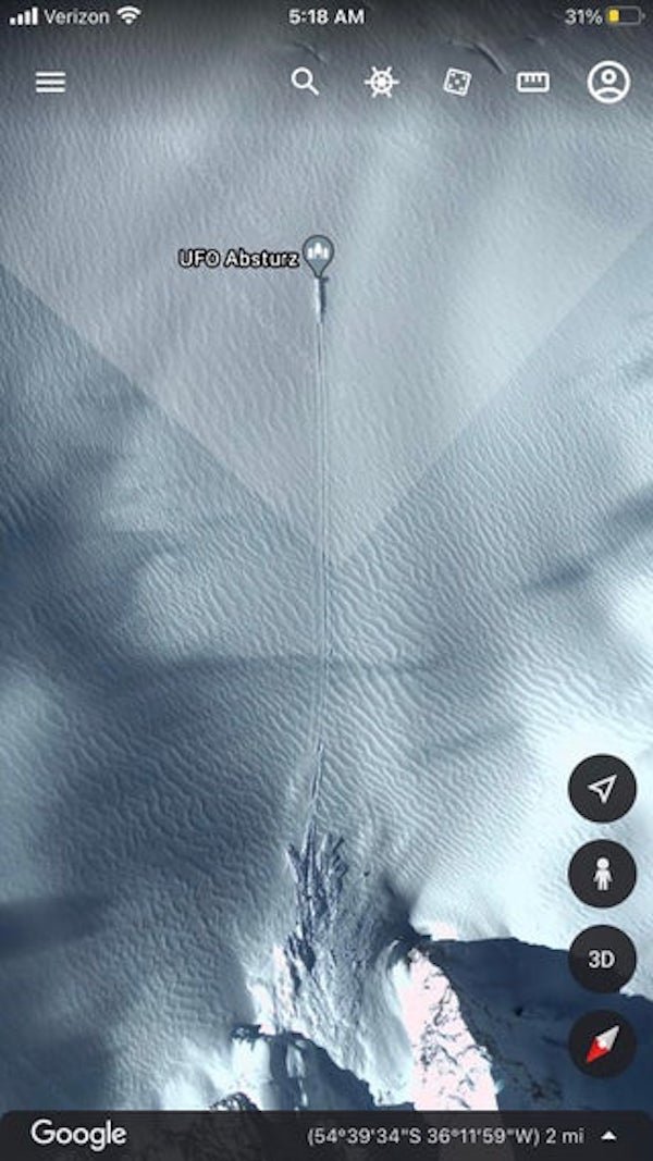 So, I found this thing on google maps, it’s a very strange feature that I can’t find anything but conflicting info about online. Google maps says it’s a train but how??? Why?!!! Does anyone have any solid facts about what this is?

A: It is a block of ice thrown from the near by mountain in an avalanche.