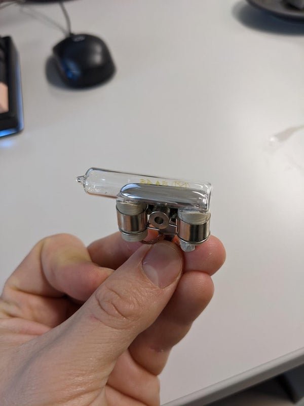 There’s definitely mercuty inside … what’s this?

A: It’s an electrical switch often found in old thermostats. When the mercury slides to one side it connects the two metal contacts inside the tube.