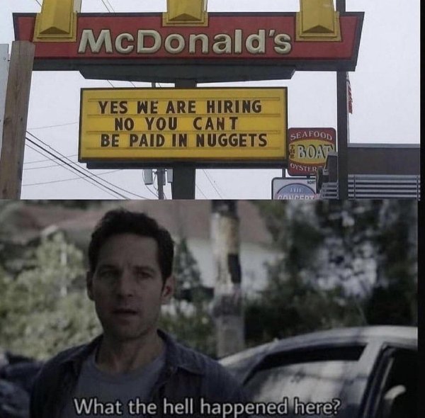 funny pics and randoms - funny memes reddit memes - McDonald's Yes We Are Hiring No You Cant Be Paid In Nuggets Seafood Eboat Oyster Not Dedy What the hell happened here?