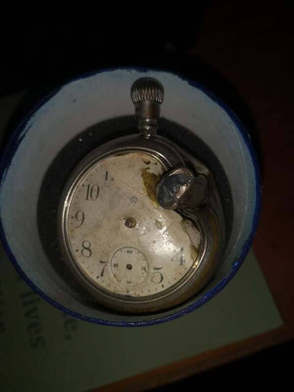 My great grandfather’s British Army issue pocket watch along with the German bullet that it stopped in France 1914.