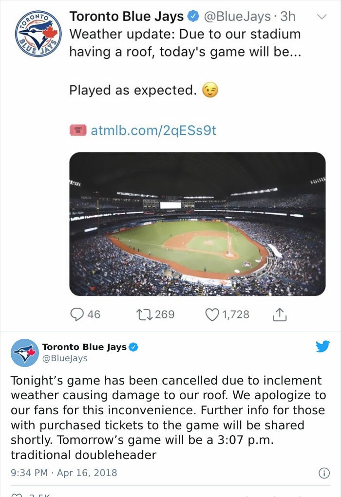 people celebrating too early - blue jays - To Toronto Blue Jays Jays. 3h Weather update Due to our stadium having a roof, today's game will be... Blue Kays Played as expected. atmlb.com2qESs9t Mvi 46 27269 1,728 Toronto Blue Jays Tonight's game has been c