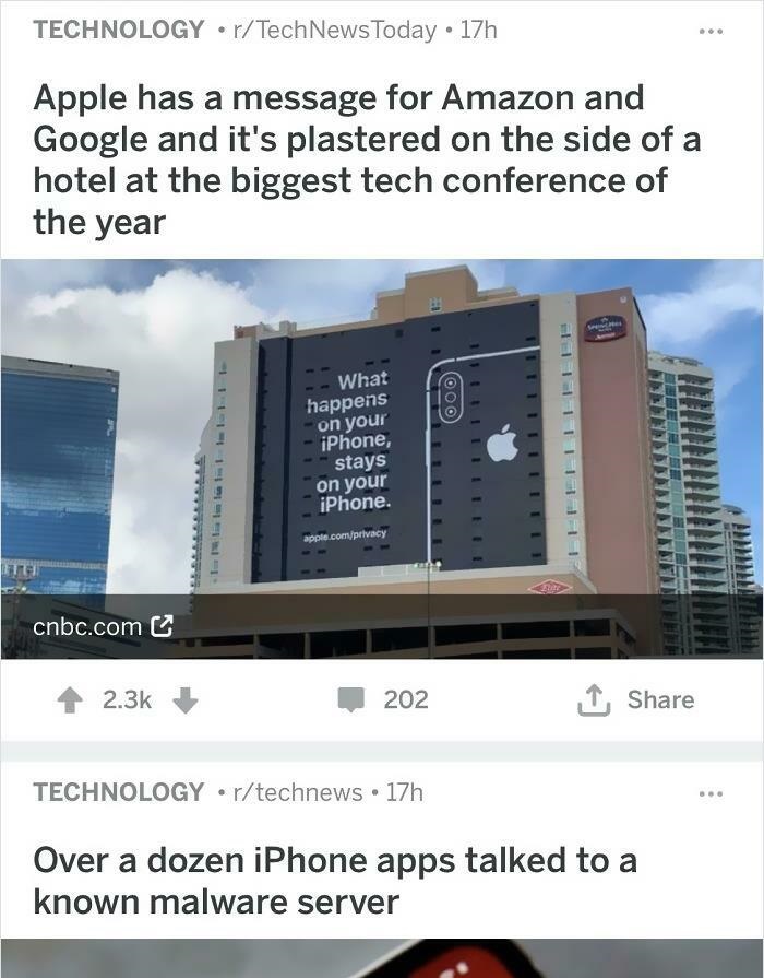 people celebrating too early - software - Technology rTech News Today 17h Apple has a message for Amazon and Google and it's plastered on the side of a hotel at the biggest tech conference of the year Ooo What happens on your iPhone, stays on your iPhone.