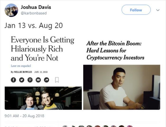 people celebrating too early - everybody is getting hilariously rich - Joshua Davis Jan 13 vs. Aug 20 Everyone Is Getting Hilariously Rich and You're Not After the Bitcoin Boom Hard Lessons for Cryptocurrency Investors Leer en espaol By Nellie Bowles Jan.
