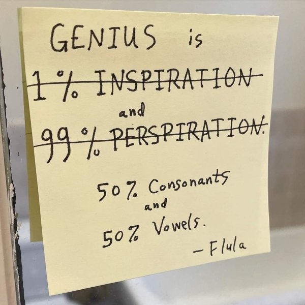 writing - Genius is 1% Inspiration and 199 % Perspiration. 50% Consonants and 50% Vowels. Flula