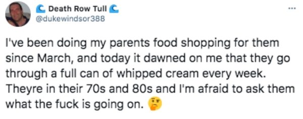 deaf bnha bakugou - Death Row Tull I've been doing my parents food shopping for them since March, and today it dawned on me that they go through a full can of whipped cream every week. Theyre in their 70s and 80s and I'm afraid to ask them what the fuck i