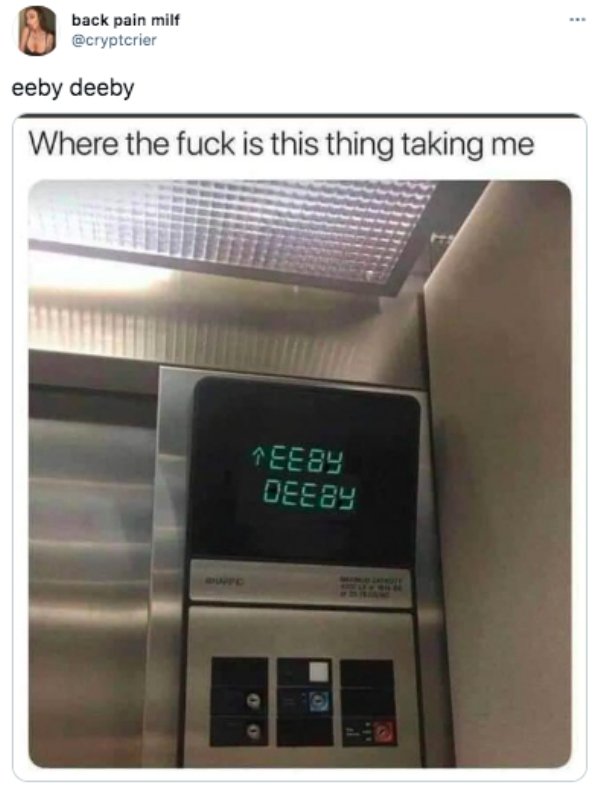 funny elevator memes - back pain milf eeby deeby Where the fuck is this thing taking me 1 Eeny Dee By Sis