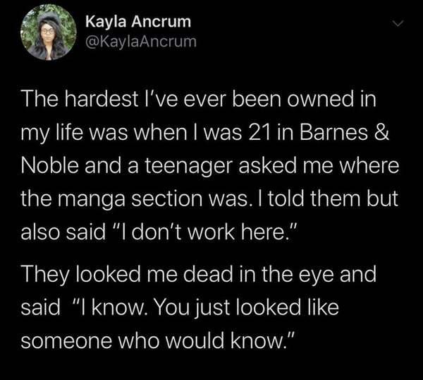 funny comments - The hardest I've ever been owned in my life was when I was 21 in Barnes & Noble and a teenager asked me where the manga section was. I told them but also said I know you just looked like someone who would know