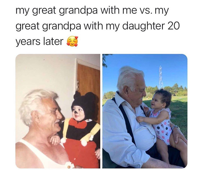 human behavior - my great grandpa with me vs. my great grandpa with my daughter 20 years later