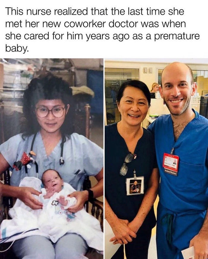 This nurse realized that the last time she met her new coworker doctor was when she cared for him years ago as a premature baby.