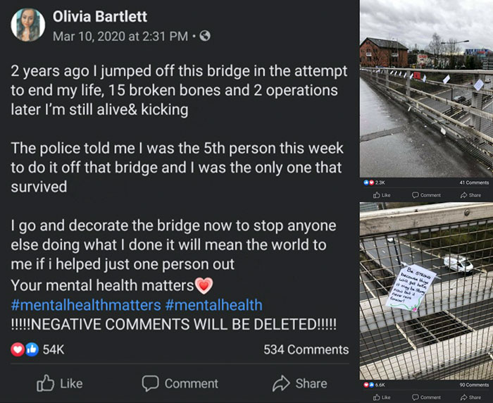 screenshot - Olivia Bartlett at 2 years ago I jumped off this bridge in the attempt to end my life, 15 broken bones and 2 operations later I'm still alive & kicking The police told me I was the 5th person this week to do it off that bridge and I was the o