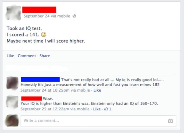 web page - September 24 via mobile Took an Iq test. I scored a 141. Maybe next time I will score higher. Comment That's not really bad at all.... My iq is really good lol..... Honestly it's just a measurement of how well and fast you learn mines 182 Septe