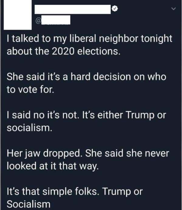 material - I talked to my liberal neighbor tonight about the 2020 elections. She said it's a hard decision on who to vote for. I said no it's not. It's either Trump or socialism. Her jaw dropped. She said she never looked at it that way. It's that simple 