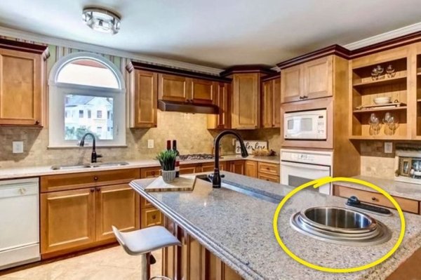 What is this appliance built into this kitchen island?

-california_burrito_

The PRO CookSink is a triumph of innovation… I had one of these in my kitchen and I loved it! It was near my regular sink so I could pull the faucet head over to fill the “pot” then I would turn it on to boil the water.

It has a pot that goes inside it that has holes in it — like a strainer. You put the strainer inside the “sink” and then toss the items that you want to boil inside the strainer and cover it.

Once your food is cooked you lift out the strainer, flip the switch and all the boiling water drains out. The biggest advantage was not having to carry a large pot of boiling water over from your regular stovetop to the sink to drain out the water. I used it for boiling pasta, potatoes, corn on the cob and I loved it!