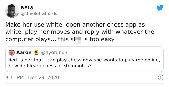 too much comments in code - BF18 Make her use white, open another chess app as white, play her moves and with whatever the computer plays... this siis too easy Aaron lied to her that I can play chess now she wants to play me online, how do I learn chess i