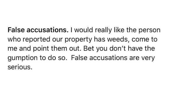 do we need to study philosophy - False accusations. I would really the person who reported our property has weeds, come to me and point them out. Bet you don't have the gumption to do so. False accusations are very serious.