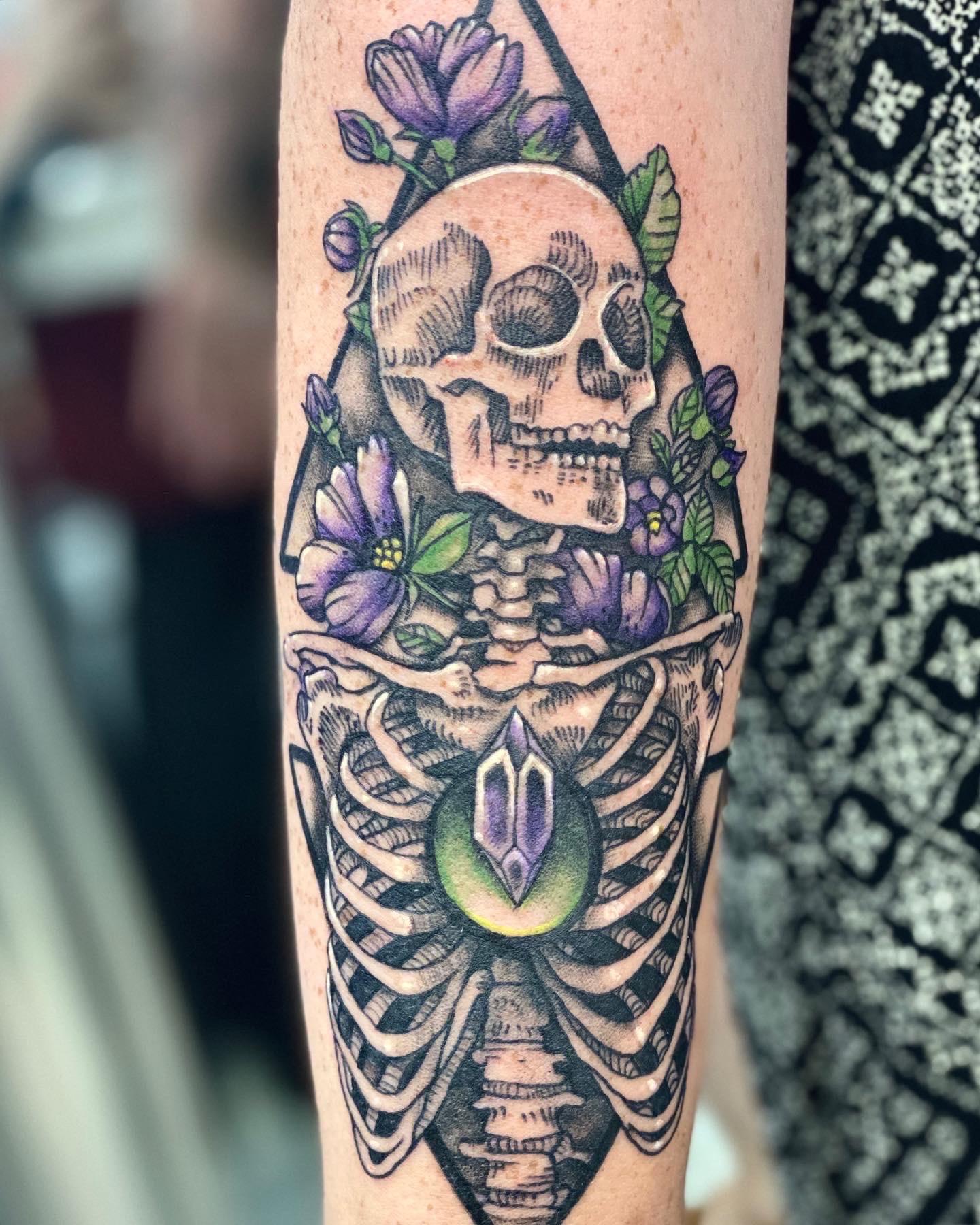 funny memes and pics - cool detailed skeleton tattoo with purple flowers