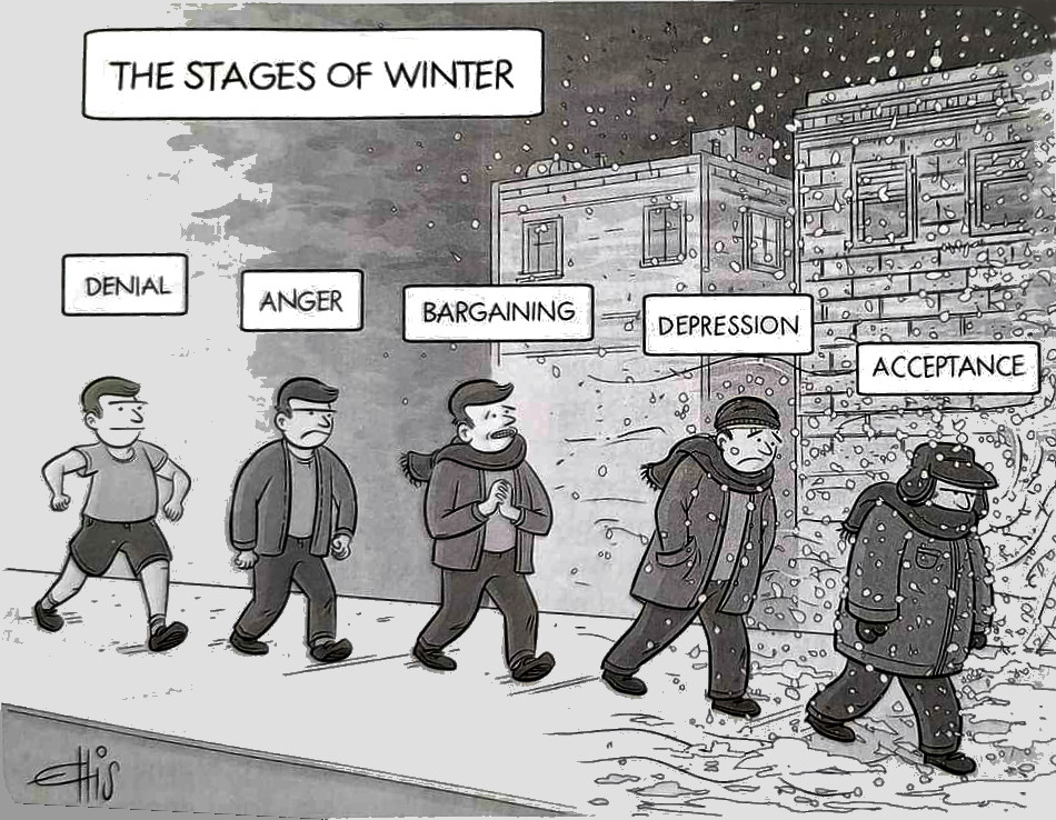 cartoon - The Stages Of Winter Denial Anger Bargaining Depression Acceptance D Ia o m