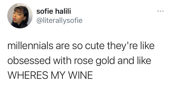 funny gen z zoomer millennial jokes - millennials are so cute they're obsessed with rose gold and Wheres My Wine