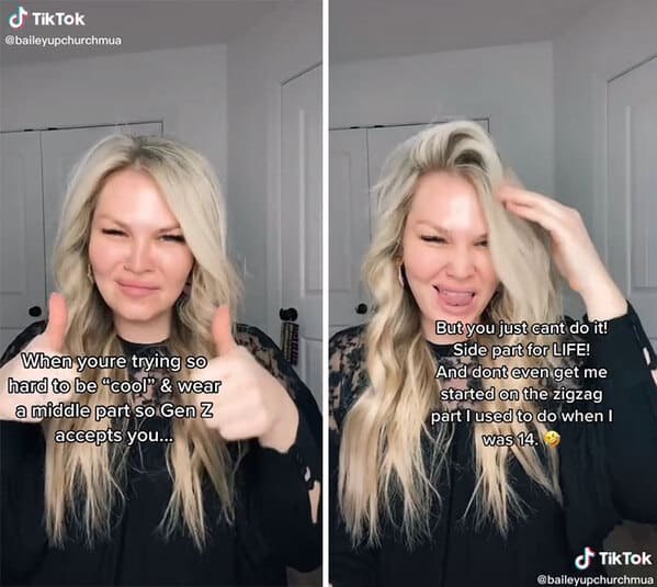 funny gen z zoomer millennial jokes - tiktok when you're trying so hard to be cool and wear a middle part so gen z accepts you but you just cant do it side part for life and don't even get me started on the zigzag part I used to do when I was 14