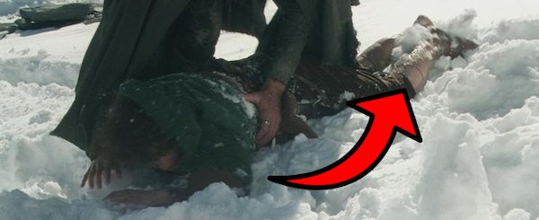 The Lord of the Rings: The Fellowship of the Ring (2001).
When Frodo falls down the snowy hill, you can see the stockings Elijah Wood wore to protect the actor’s feet.