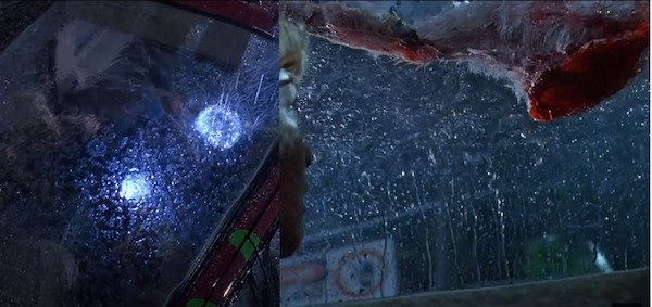 Jurassic Park (1993).
During the car scene, the t-rex clearly drops meat about the car to scare people but the meat is gone in the following scene.