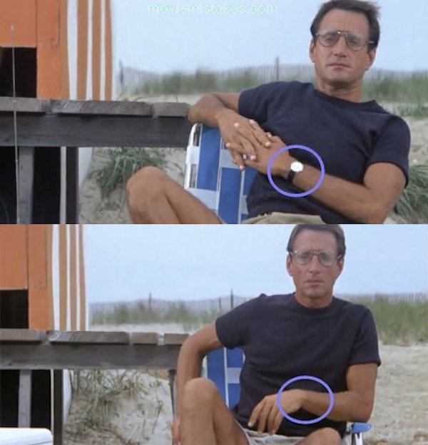 Jaws (1975).
When Brody sits on the beach watching the crowd (right before Alex is attacked by a shark) he’s wearing a wristwatch that disappears in the next shot.