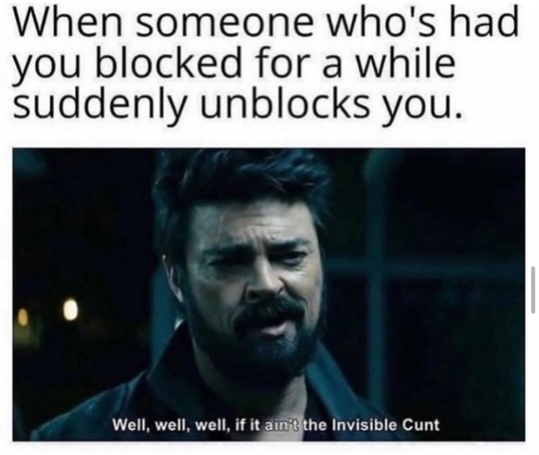 photo caption - When someone who's had you blocked for a while suddenly unblocks you. Well, well, well, if it ain't the Invisible Cunt