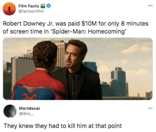 im nothing without this suit meme - Doo Film Facts Robert Downey Jr. was paid $10M for only 8 minutes of screen time in 'SpiderMan Homecoming' Mortdecai They knew they had to kill him at that point
