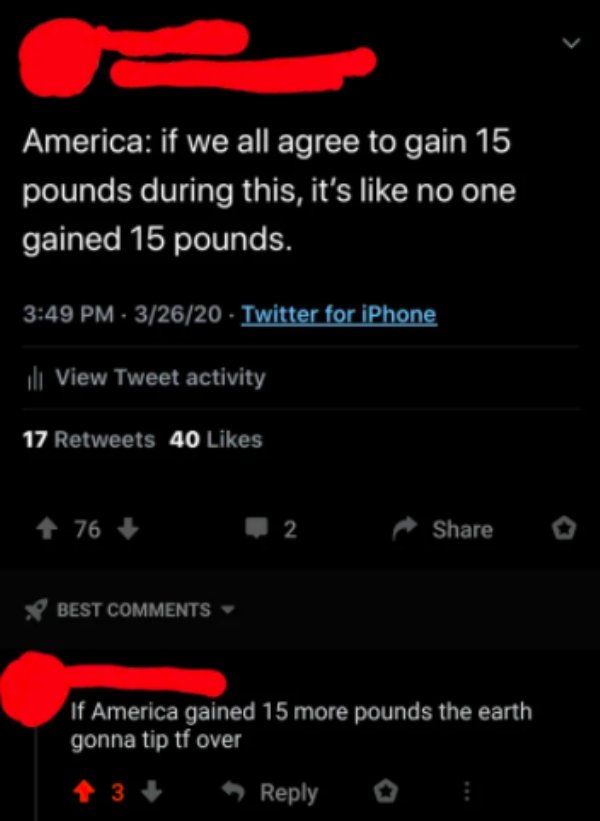 screenshot - 2 America if we all agree to gain 15 pounds during this, it's no one gained 15 pounds. 32620 Twitter for iPhone ill View Tweet activity 17 40 76 2 Best If America gained 15 more pounds the earth gonna tip tf over
