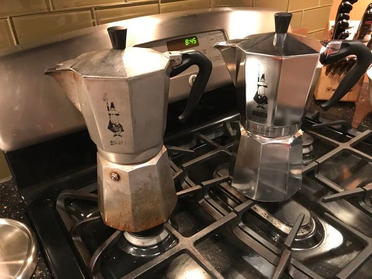 “The geyser coffee maker that was used almost daily for 4 years on the left vs A new one on the right”