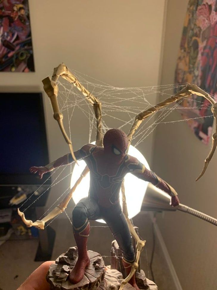 “A spider made a web on my Spider-Man.”