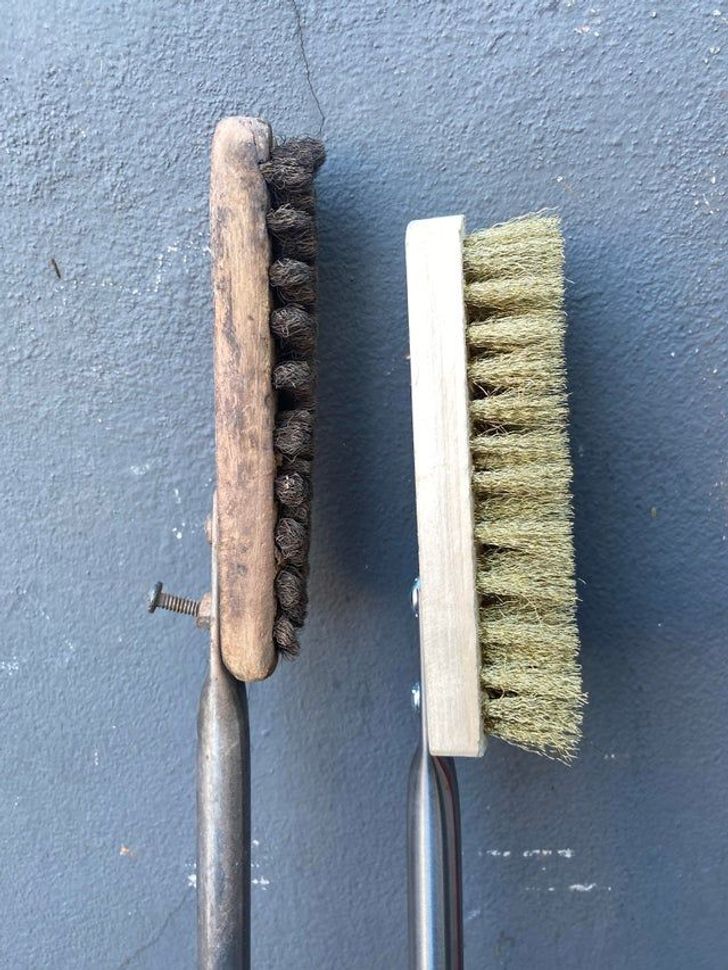 “My wood-fired oven brush after a year of heavy use vs A new one”