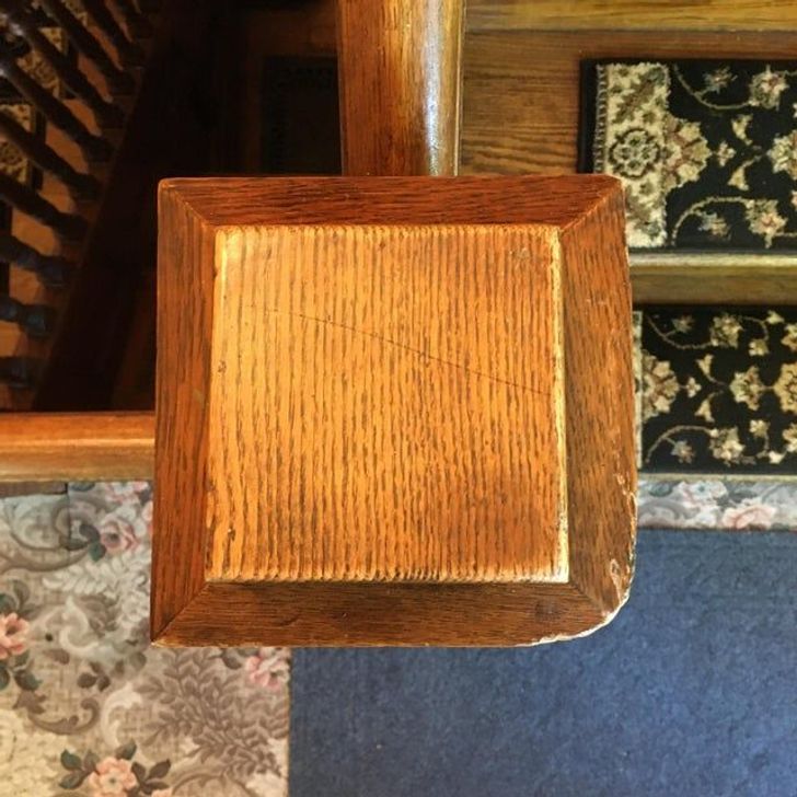 “This newel post cap shows wear and tear from 100 years of people slamming their hip into it.”