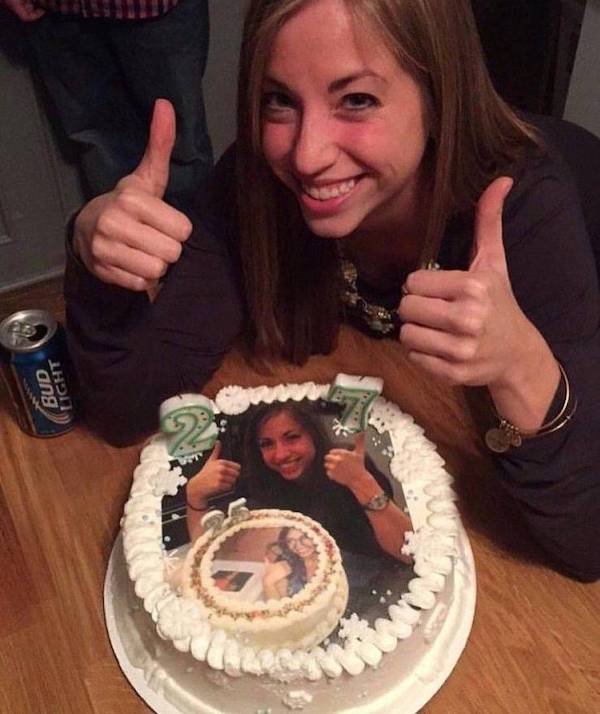 funny pics and memes - blursed cake girl giving thumbs up
