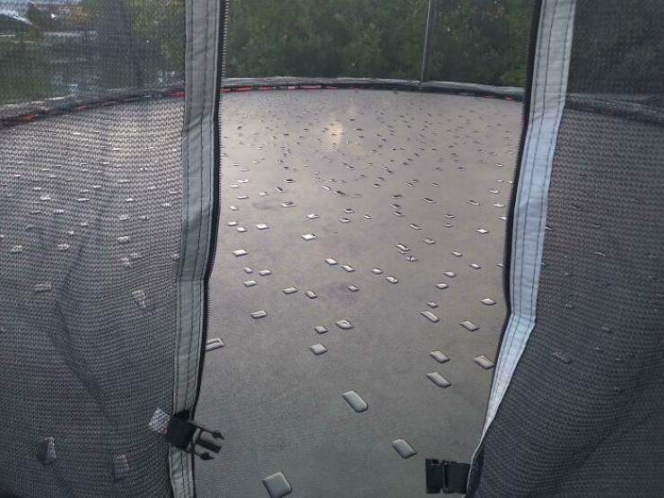 "The Dew Forming On This Trampoline Is Squared Out By The Fabric"