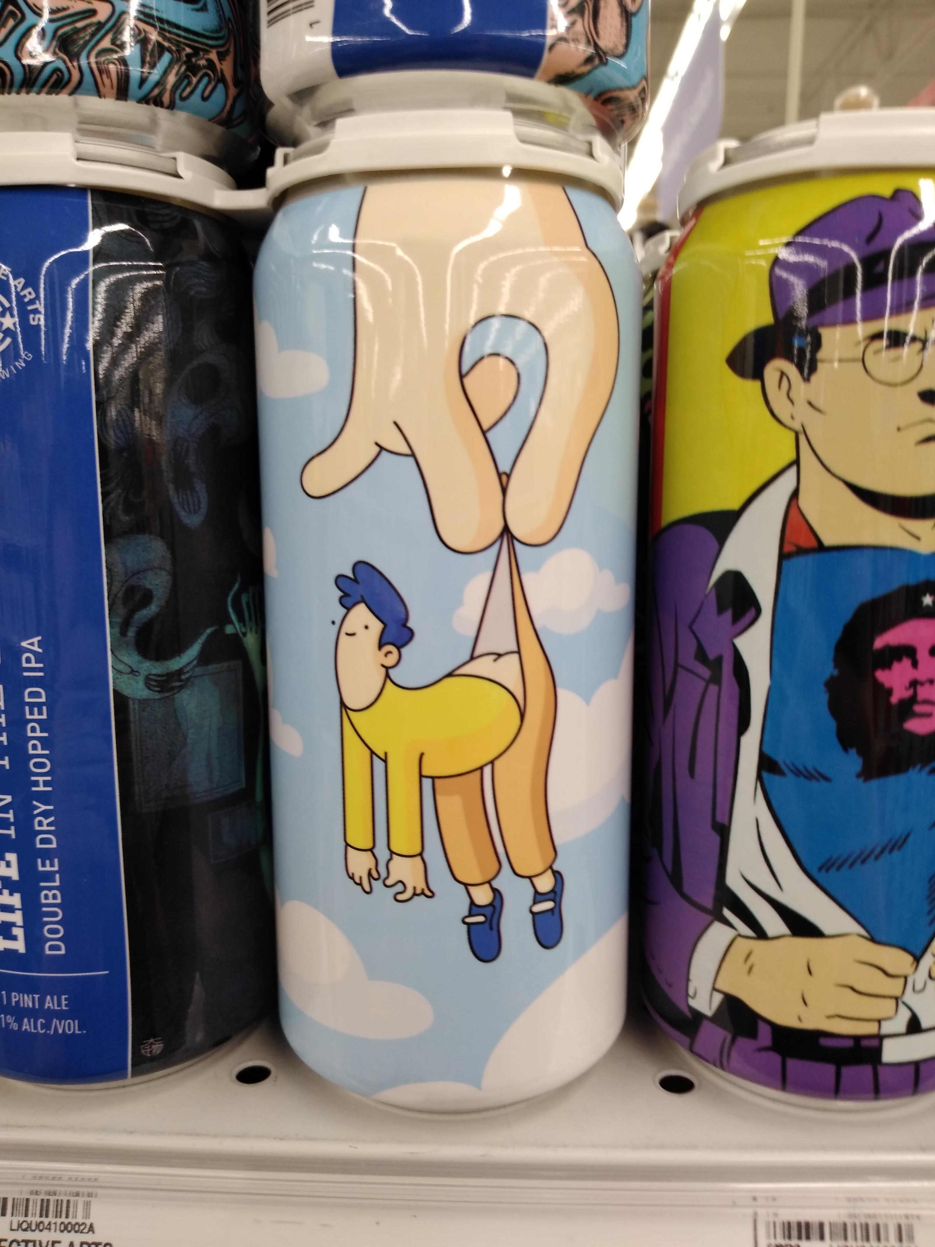 funny pics and memes - funny beer can design cartoon guy being picked up by his pants by giant hand from the sky