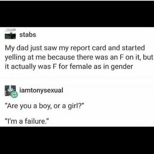 paper - stabs My dad just saw my report card and started yelling at me because there was an F on it, but it actually was F for female as in gender iamtonysexual "Are you a boy, or a girl?" "I'm a failure."