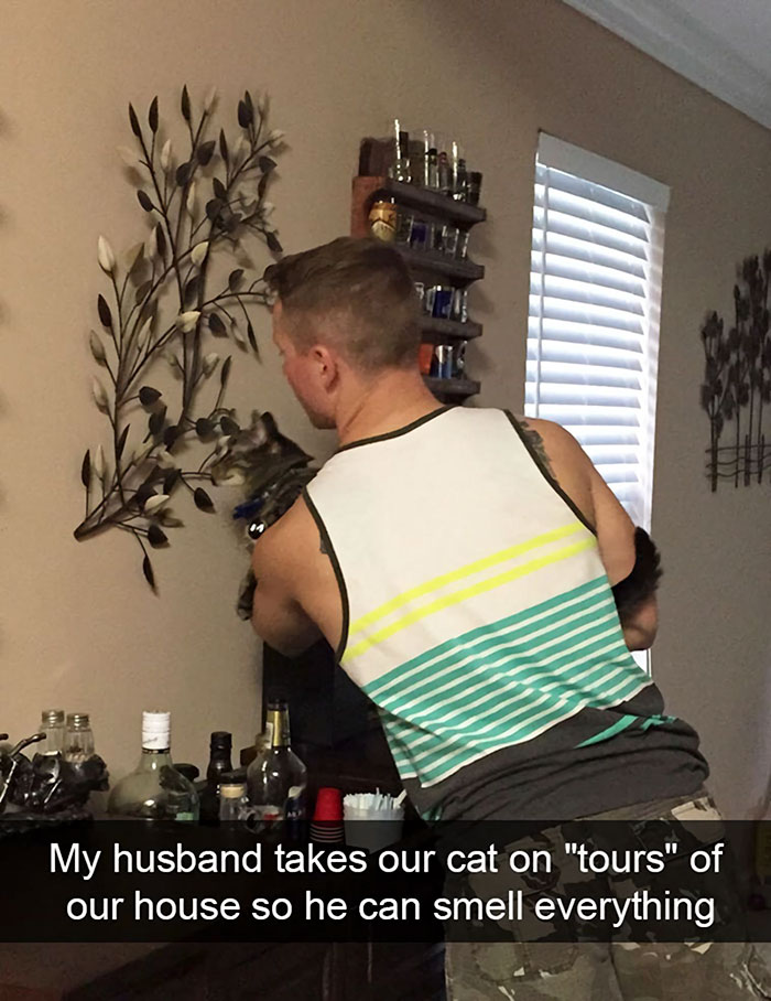 feel good pics - My husband takes our cat on tours of our house so he can smell everything