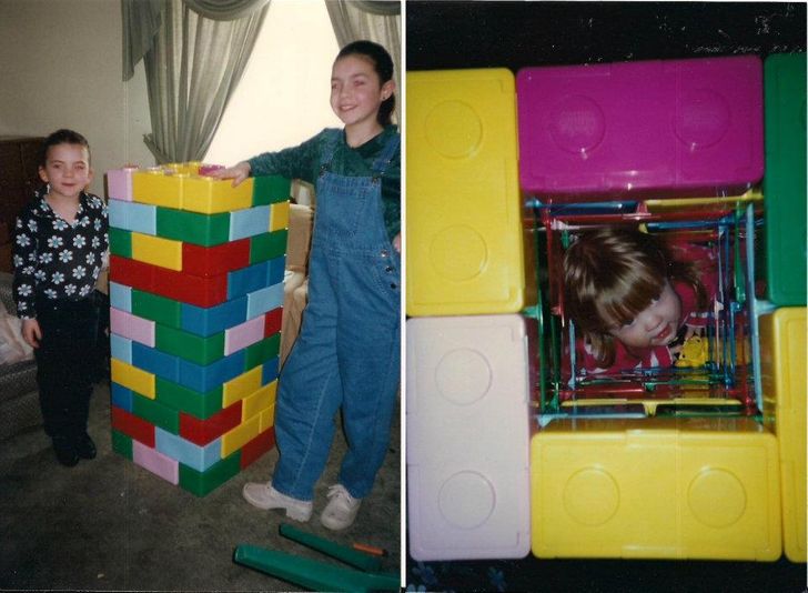 funny sibling pics -- sister stuck inside a lego fort