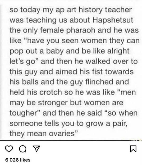document - so today my ap art history teacher was teaching us about Hapshetsut the only female pharaoh and he was "have you seen women they can pop out a baby and be alright let's go" and then he walked over to this guy and aimed his fist towards his ball