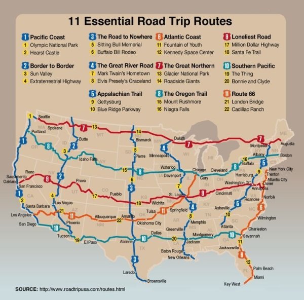 us road trip map - 5 11 Essential Road Trip Routes Pacific Coast 3 The Road to Nowhere 6 Atlantic Coast Loneliest Road 1 Olympic National Park 5 Sitting Bull Memorial 11 Fountain of Youth 17 Million Dollar Highway 2 Hearst Castle 6 Buffalo Bill Rodeo 12 K