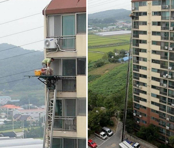 funny construction fails - balancing on really long ladders