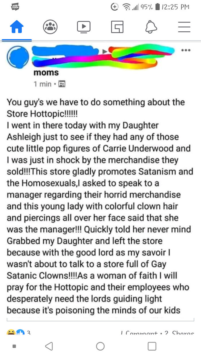 screenshot - Wer Toon 95% moms 1 min. You guy's we have to do something about the Store Hottopic!!!!!! I went in there today with my Daughter Ashleigh just to see if they had any of those cute little pop figures of Carrie Underwood and I was just in shock