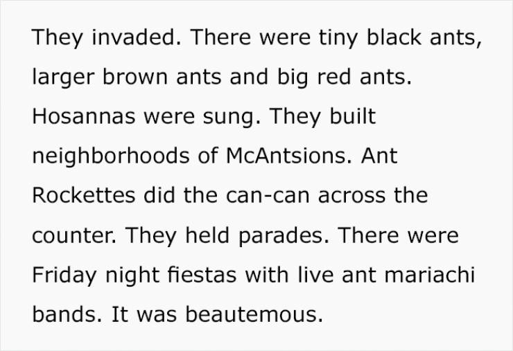 uses of bollocks - They invaded. There were tiny black ants, larger brown ants and big red ants. Hosannas were sung. They built neighborhoods of McAntsions. Ant Rockettes did the cancan across the counter. They held parades. There were Friday night fiesta